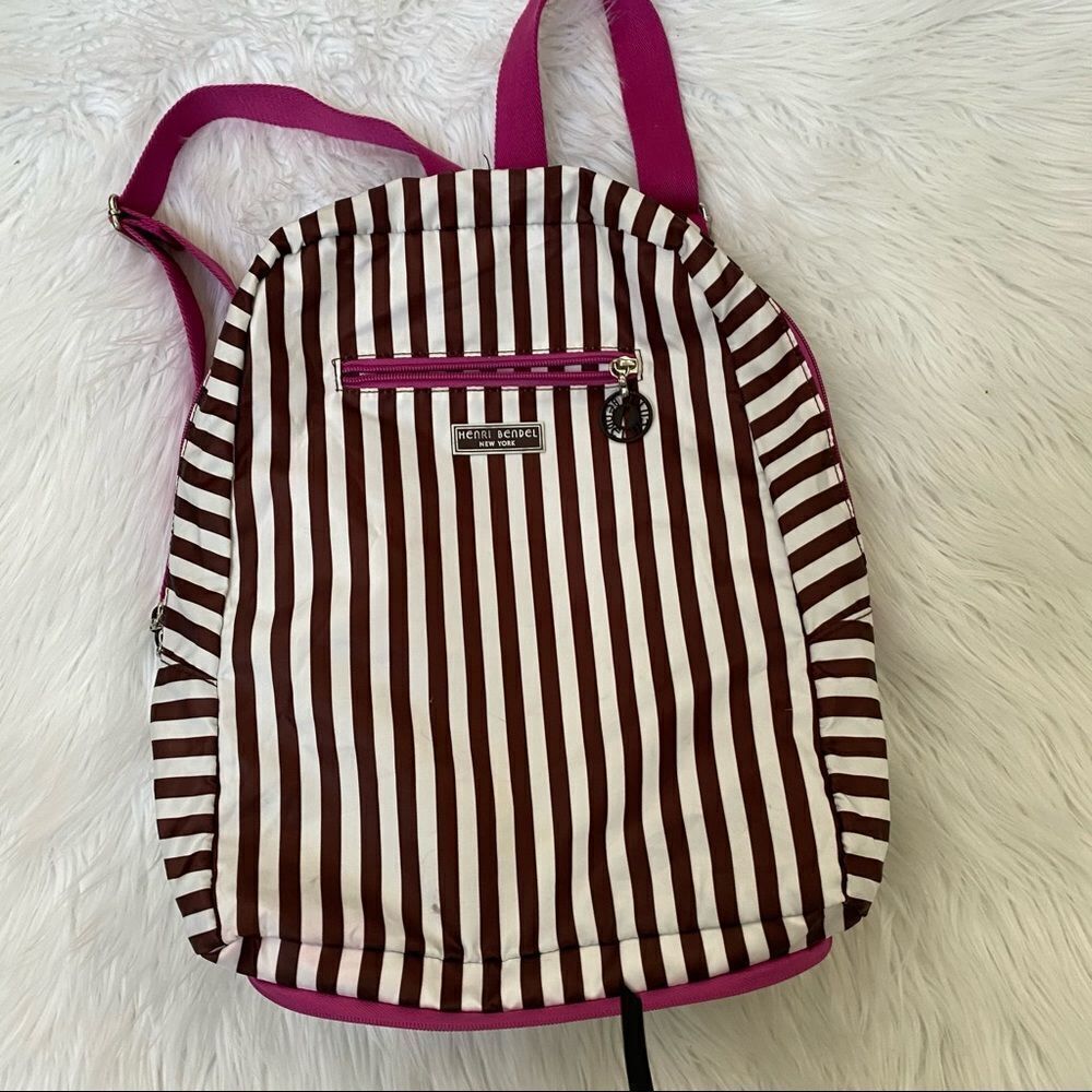 Henri Bendel Brown White Striped Nylon Backpack - Picture 1 of 9